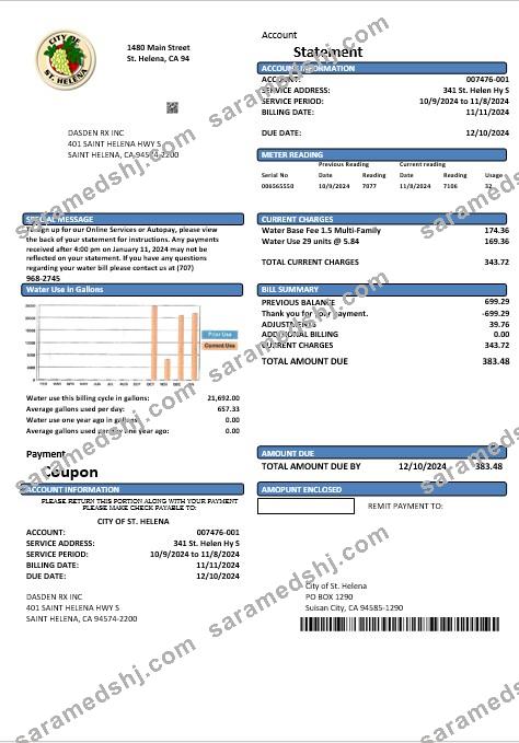 USA California City of St Helena business utility bill template in Word and PDF formats